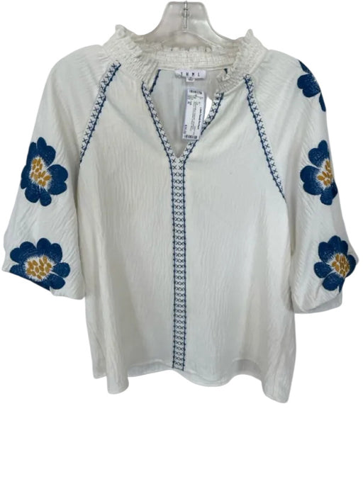THML Size M White & Blue Polyester 3/4 Balloon Sleeve Embroidered V Neck Top White & Blue / M