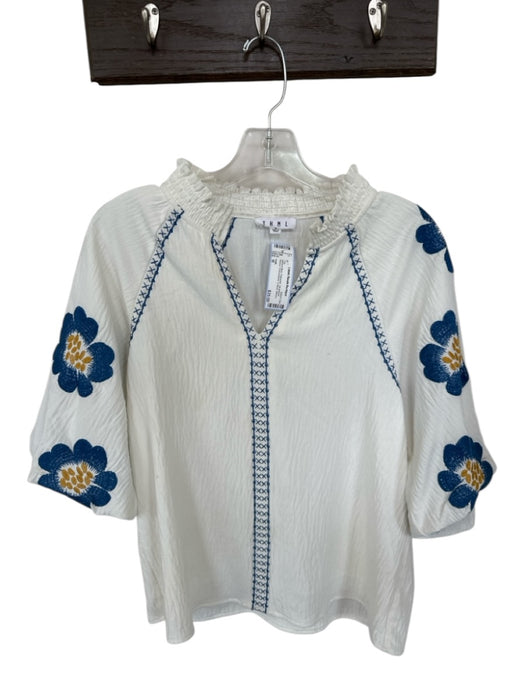 THML Size M White & Blue Polyester 3/4 Balloon Sleeve Embroidered V Neck Top White & Blue / M