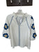 THML Size M White & Blue Polyester 3/4 Balloon Sleeve Embroidered V Neck Top White & Blue / M