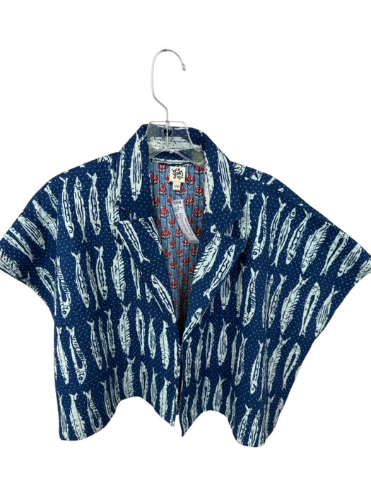 Ivy Jane Size S/M Navy & Red Cotton Quilted Fish Flowers Open Front Jacket Navy & Red / S/M