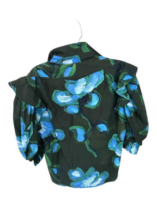 De Loreta Size S Green & Blue Cotton Long Balloon Sleeve Flowers Collar Top Green & Blue / S
