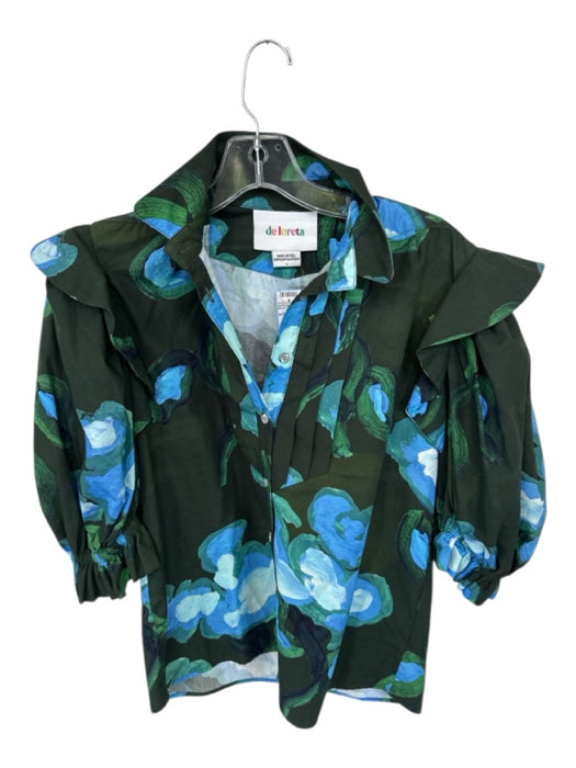 De Loreta Size S Green & Blue Cotton Long Balloon Sleeve Flowers Collar Top Green & Blue / S