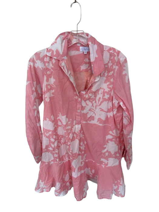 Livro Size S Pink & White Cotton Long Sleeve Abstract Drop Waist Buttons Dress Pink & White / S