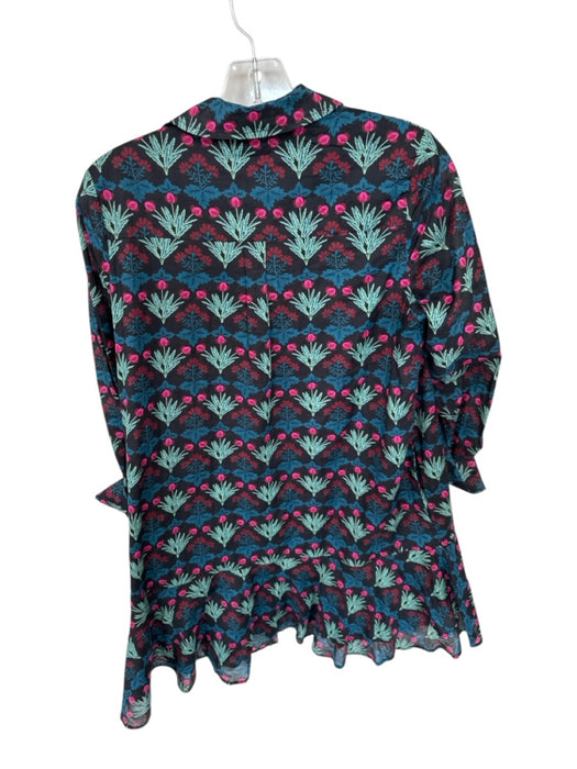 Livro Size XS Green & Magenta Cotton Long Sleeve Flowers Button Down Dress Green & Magenta / XS