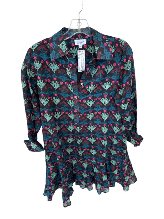 Livro Size XS Green & Magenta Cotton Long Sleeve Flowers Button Down Dress Green & Magenta / XS