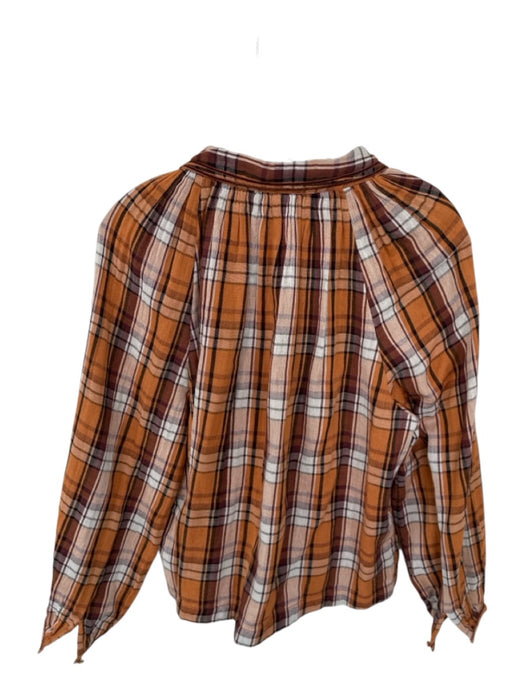 Carolina K Size S Orange & Brown Cotton Long Balloon Sleeve Plaid Top Orange & Brown / S