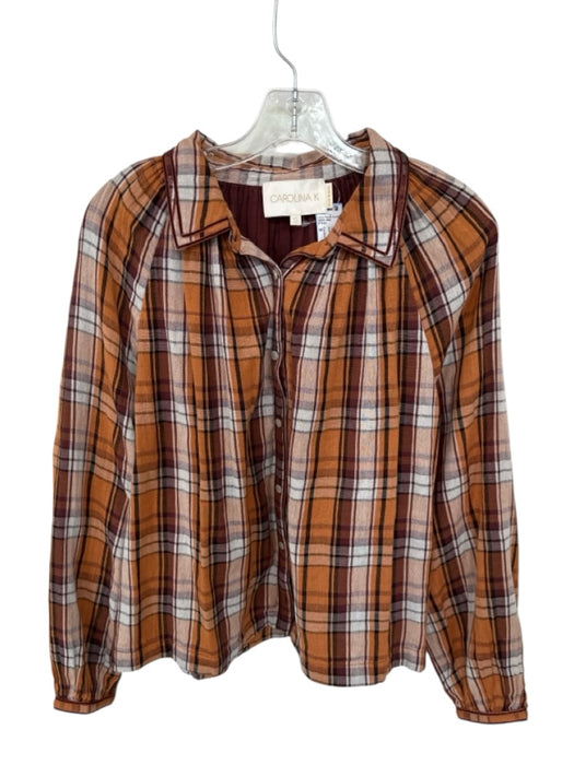Carolina K Size S Orange & Brown Cotton Long Balloon Sleeve Plaid Top Orange & Brown / S