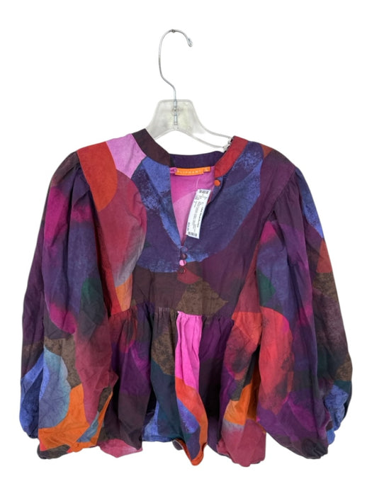 Oliphant Size L purple & orange Cotton Long Balloon Sleeve Abstract Buttons Top purple & orange / L