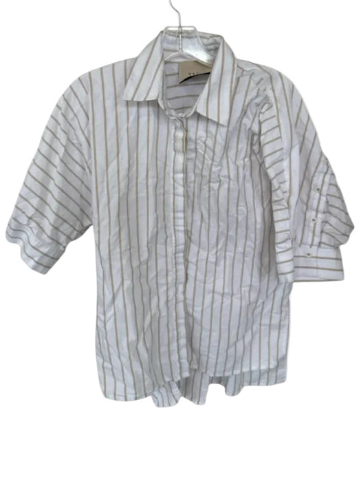 Theo Size S white & tan Cotton Long Sleeve Striped Back Buttons Button Down Top white & tan / S