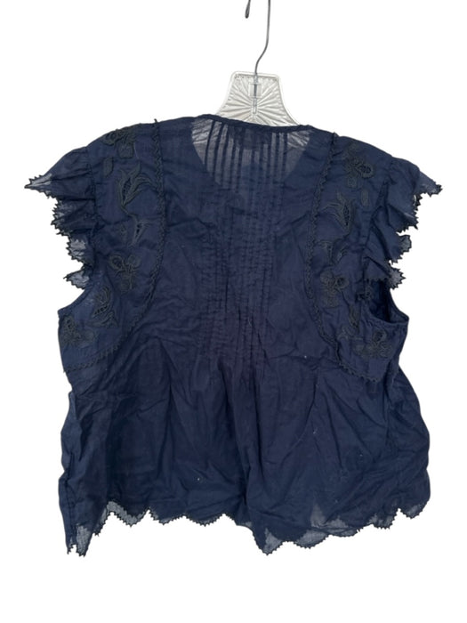 Zadig & Voltaire Size L Navy Cotton Short Sleeve Pleat Detail Embroidered Top Navy / L