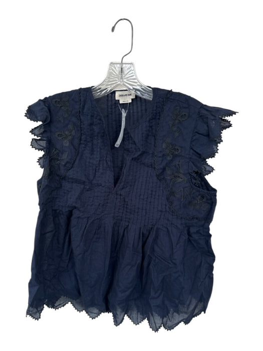 Zadig & Voltaire Size L Navy Cotton Short Sleeve Pleat Detail Embroidered Top Navy / L