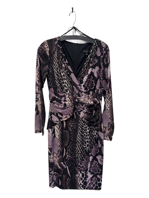 David Meister Size 6 Black & Purple Polyester V Neck Faux Wrap Long Sleeve Dress Black & Purple / 6