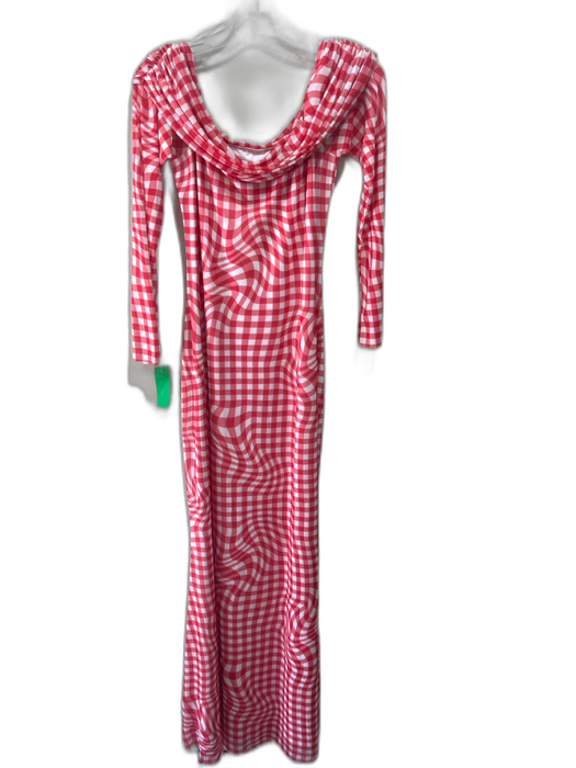 AFRM Size L Red & White Polyester & Spandex Mesh Overlay Checked Dress Red & White / L