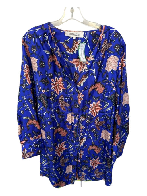 Diane Von Furstenberg Size 4 Blue & Peach Silk Long Sleeve Botanical Dress Blue & Peach / 4