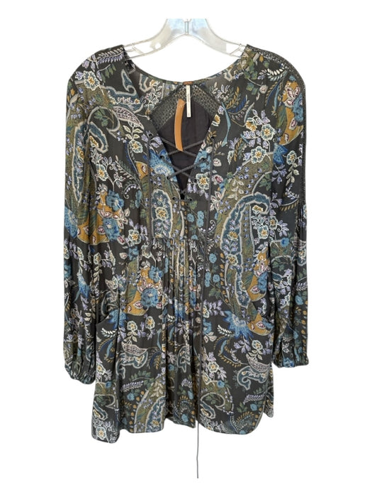 Free People Size S gray & green Polyester Long Sleeve Botanical Lace Up Dress gray & green / S