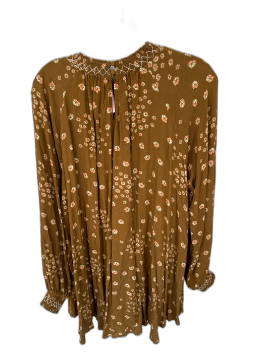 Free People Size L Brown & Peach Rayon Smocked Neck Flowers Long Sleeve Dress Brown & Peach / L