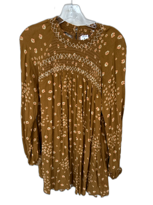 Free People Size L Brown & Peach Rayon Smocked Neck Flowers Long Sleeve Dress Brown & Peach / L