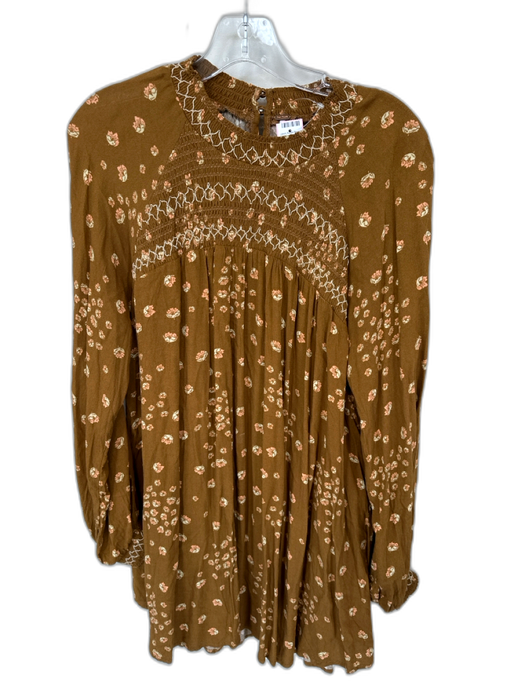 Free People Size L Brown & Peach Rayon Smocked Neck Flowers Long Sleeve Dress Brown & Peach / L