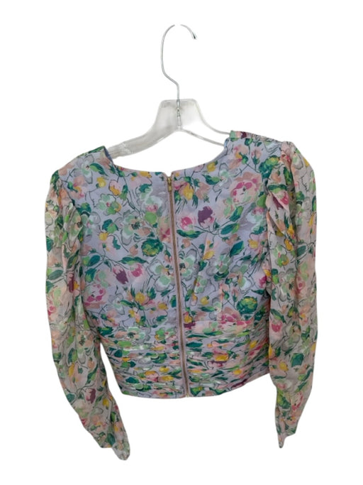 AMUR Size XS Pink & Green Silk Long Balloon Sleeve Botanical Pleated Cropped Top Pink & Green / XS