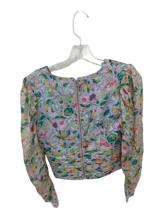 AMUR Size XS Pink & Green Silk Long Balloon Sleeve Botanical Pleated Cropped Top Pink & Green / XS