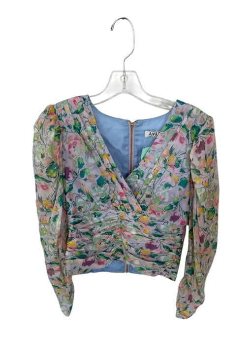 AMUR Size XS Pink & Green Silk Long Balloon Sleeve Botanical Pleated Cropped Top Pink & Green / XS