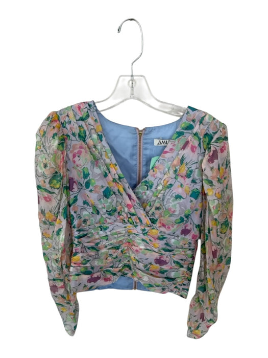 AMUR Size XS Pink & Green Silk Long Balloon Sleeve Botanical Pleated Cropped Top Pink & Green / XS