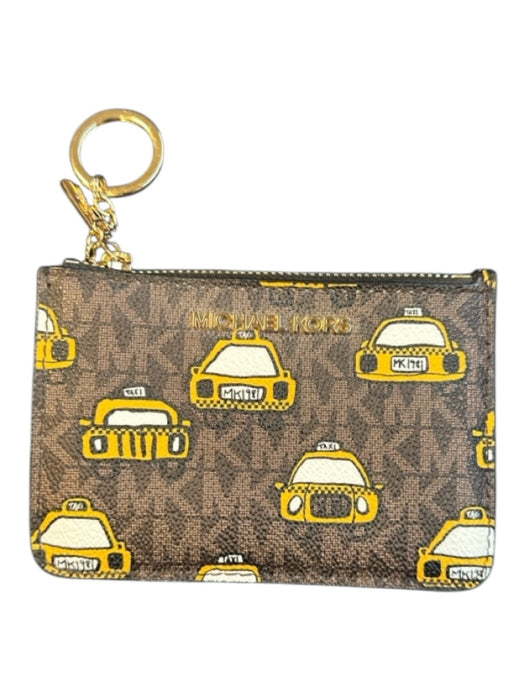 Michael Kors Brown & Yellow Leather GHW Taxi Card Holder Wallets Brown & Yellow