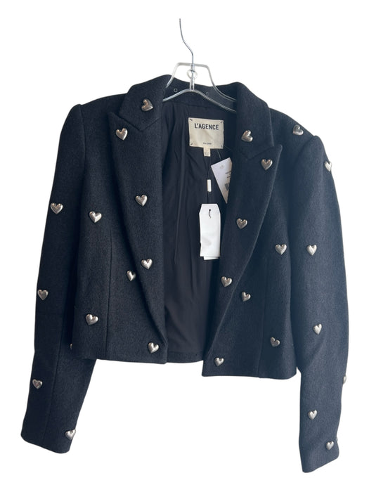 L'agence Size 6 Black Polyester & Wool Open Front Heart Stud Details Jacket Black / 6