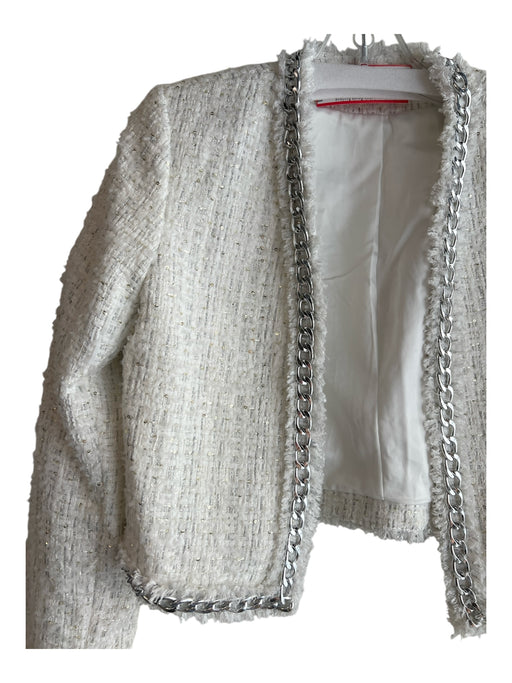 Alice + Olivia Size 4 White & Silver Polyester Tweed Open Front Cropped Jacket White & Silver / 4