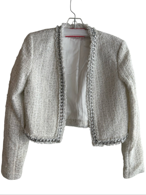 Alice + Olivia Size 4 White & Silver Polyester Tweed Open Front Cropped Jacket White & Silver / 4