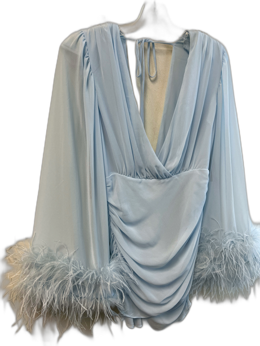 NBD Size M Light Blue Polyester Deep V Tie Back Long Sleeve Feather Cuffs Dress Light Blue / M