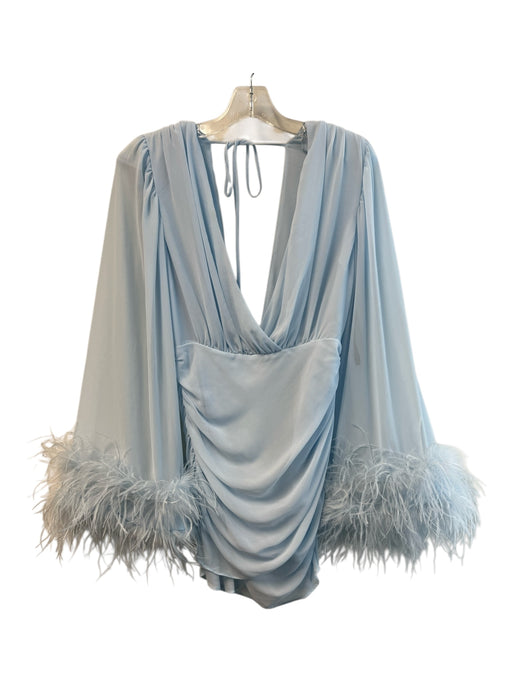 NBD Size M Light Blue Polyester Deep V Tie Back Long Sleeve Feather Cuffs Dress Light Blue / M
