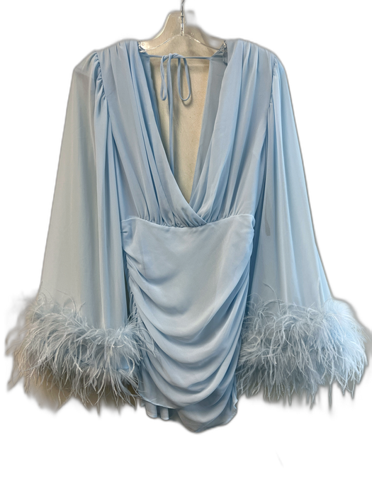 NBD Size M Light Blue Polyester Deep V Tie Back Long Sleeve Feather Cuffs Dress Light Blue / M