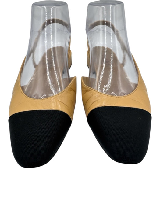 Chanel Shoe Size 36 Beige & Black Leather Grosgrain Slingback Cap Toe Flats Beige & Black / 36