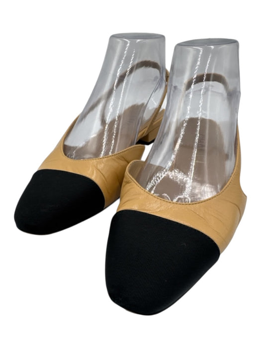 Chanel Shoe Size 36 Beige & Black Leather Grosgrain Slingback Cap Toe Flats Beige & Black / 36