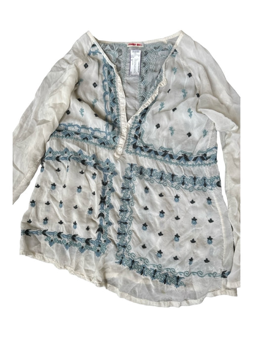 Johnny Was Size M Cream & Blue Cupro Long Sleeve Embroider Detailing Buttons Top Cream & Blue / M