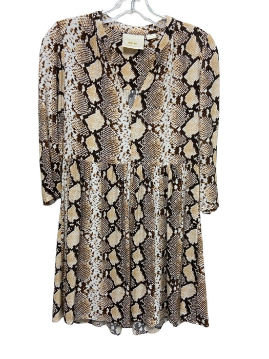 Maeve Size Small White, Tan & Black Viscose Long Sleeve Snake V Neck Dress White, Tan & Black / Small