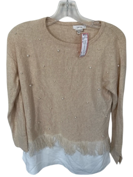 Tyler Boe Size XS Tan & White Cashmere Faux Pearls Long Sleeve Raw Hem Sweater Tan & White / XS