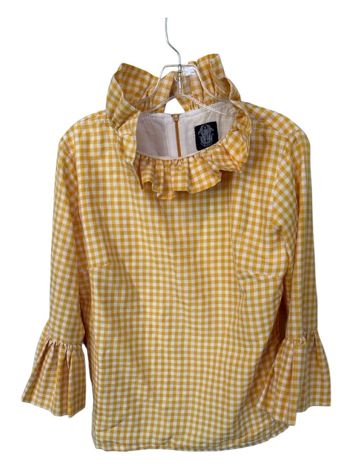 Elizabeth Wilson Size M Yellow & White Cotton Long Bell Sleeve Checkered Top Yellow & White / M