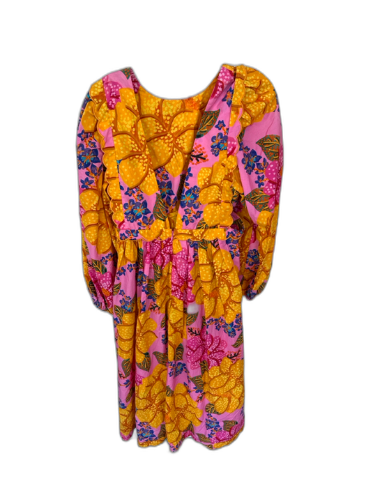 Farm Rio Size M Pink & Yellow Cotton Long Balloon Sleeve Botanical V Neck Dress Pink & Yellow / M