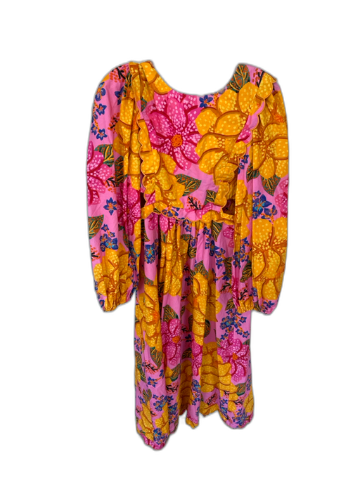 Farm Rio Size M Pink & Yellow Cotton Long Balloon Sleeve Botanical V Neck Dress Pink & Yellow / M