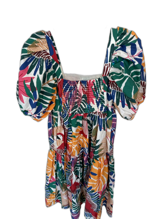 Farm Rio Size XS Multi Cotton 3/4 Balloon Sleeve Tropical Smocked Back Dress Multi / XS