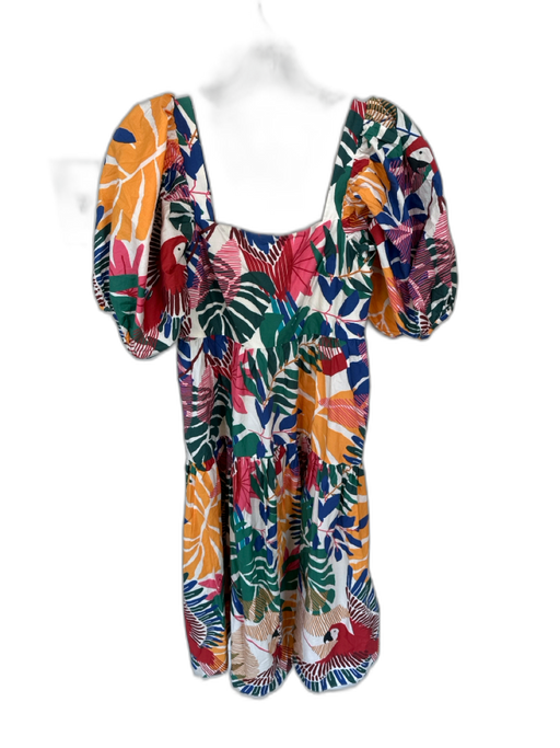 Farm Rio Size XS Multi Cotton 3/4 Balloon Sleeve Tropical Smocked Back Dress Multi / XS