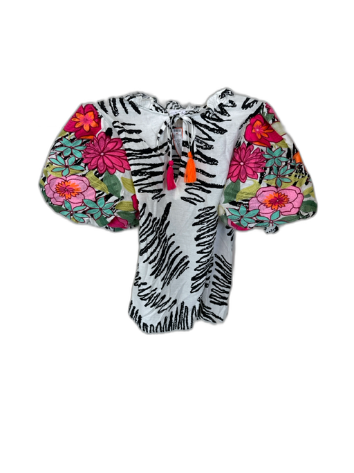 THML Size S Black & Magenta Rayon Blend 3/4 Balloon Sleeve Abstract Top Black & Magenta / S