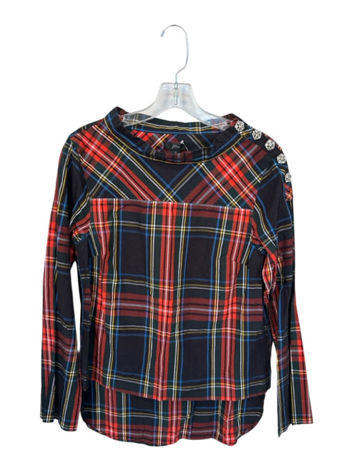 J Crew Size 2 Red & Multi Cotton Plaid Long Sleeve Crystal Detail Train Back Top Red & Multi / 2