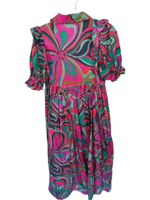Karlie Size M Pink & Aqua Cotton Abstract Half Button Down Ruffle Detail Dress Pink & Aqua / M