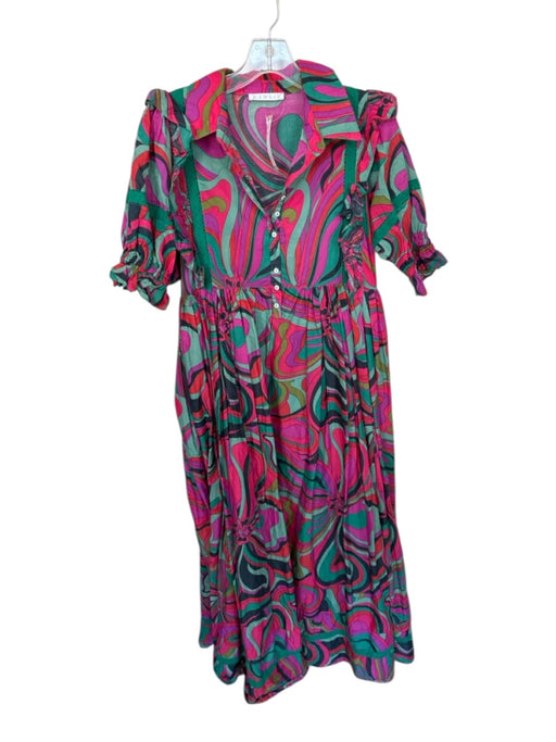 Karlie Size M Pink & Aqua Cotton Abstract Half Button Down Ruffle Detail Dress Pink & Aqua / M
