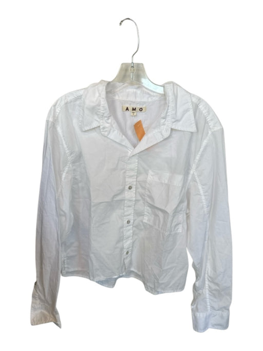 AMO Size M White Pima Cotton Collar Button Down Front Pocket Long Sleeve Top White / M