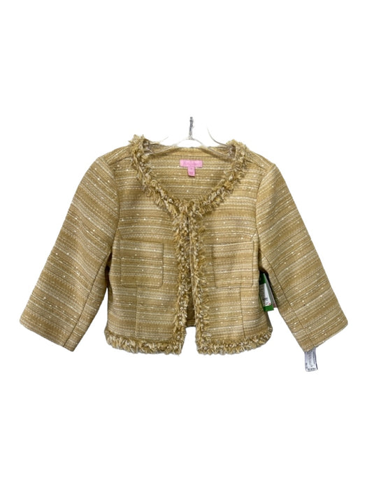 Lilly Pulitzer Size 4 Gold Nylon Blend Tweed Metallic Thread Raw Hem Crop Jacket Gold / 4