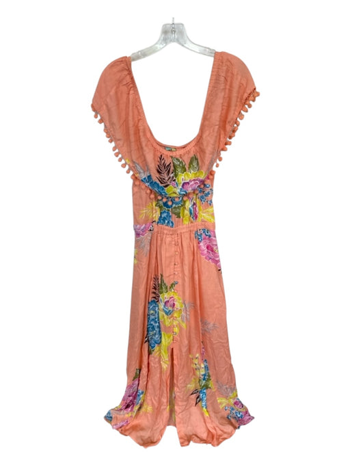 Farm Rio Size XS Peach & Multi Off Shoulder Botanical Pom Pom Buttons Dress Peach & Multi / XS